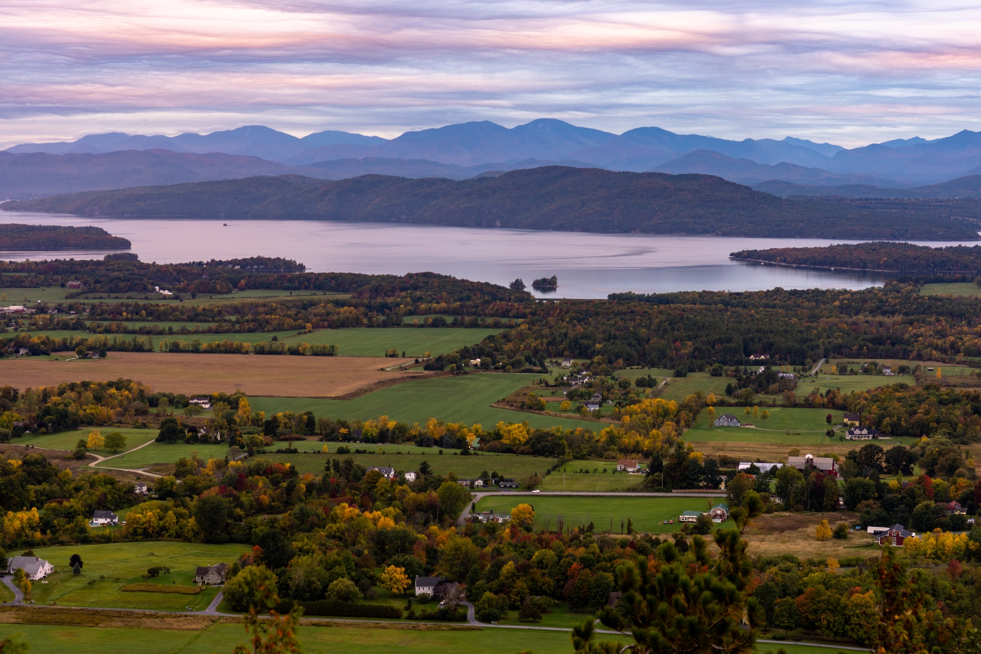 Aerial shot of champlain valley in Vermont looking at Adirondacks
